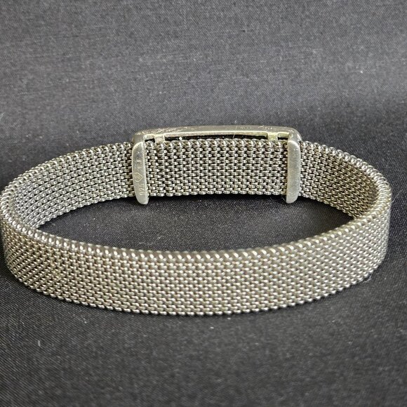 Silver Tone Mesh Stretch Bracelet Butterfly Center Black Enamel Rhinestone - Picture 3 of 5